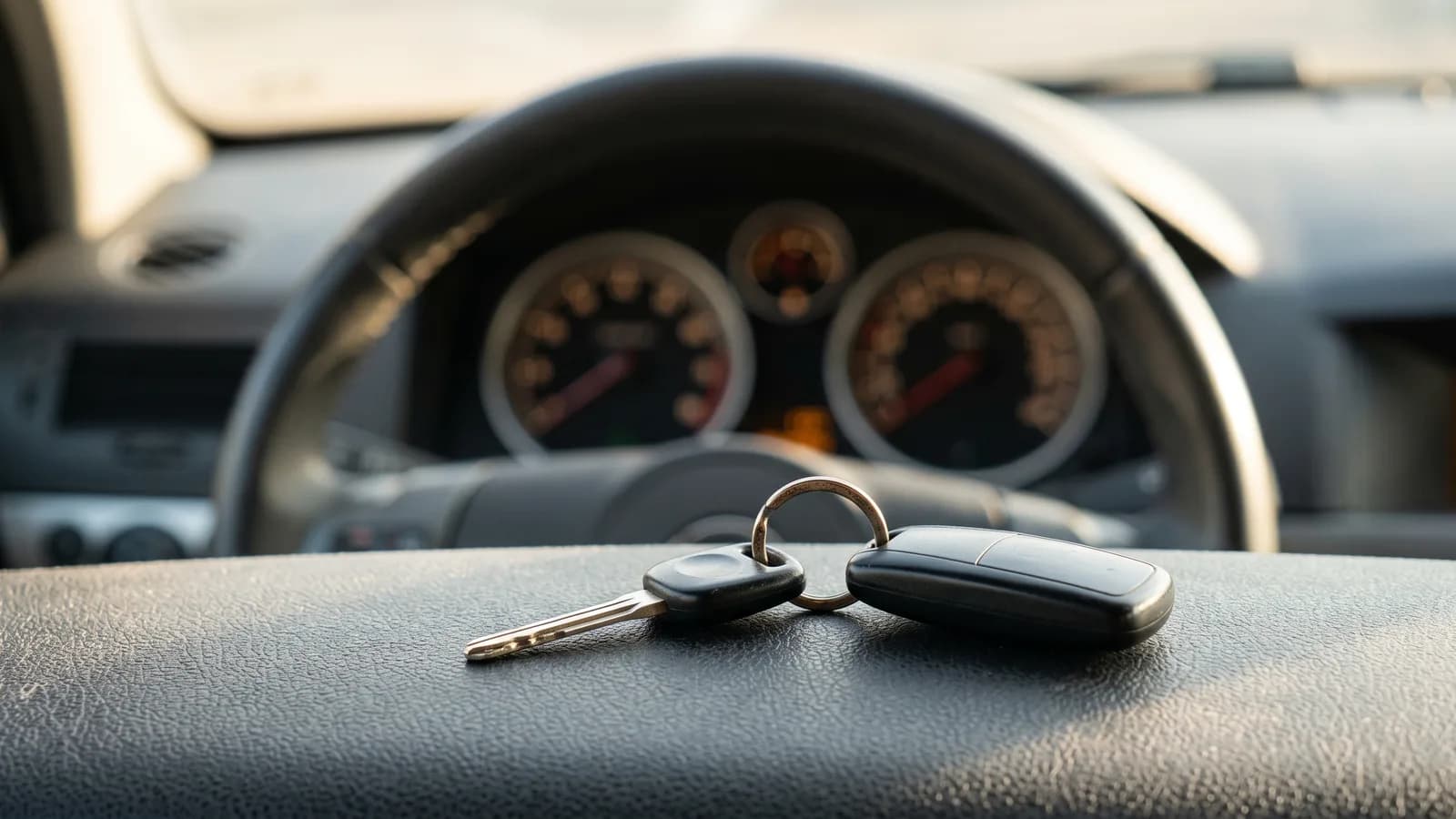 停めた車の運転席から見たメーターと、ダッシュボードに置かれた車の鍵